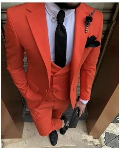 Orange Red Notch Lapel Men Suits Costume Homme One Button Groom Wedding Tuxedo Prom Terno Masculino Slim Fit Blazer 3 Pi