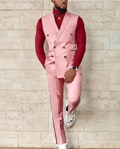 Custom Made Pink Notch Lapel Vest Pant 2 Pcs Double Breasted Wedding Slim Fit Groom Tuxedo Terno Masculino Prom Blazer M