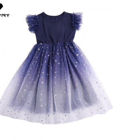 Girls Dresses Summer 2022 Kids Baby Girl Short Sleeve O Neck Starry Sky Gradient Dress Fashion Ball Gown Princess Dresse