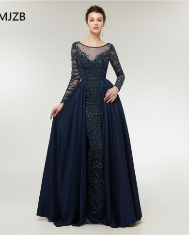 Abendkleider  Evening Dress Mermaid Long Sleeves With Train Navy Blue Beads Crystal Formal Prom Evening Gown Robe De Soi
