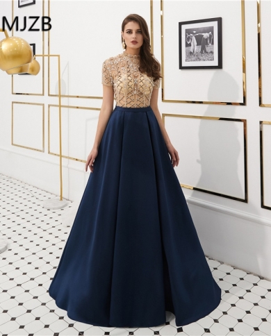 Satin Evening Dress Long  A Line High Neck Crystal Beading Sleeves Blue Elegant Saudi Arabic Evening Gown Formal Prom Dr