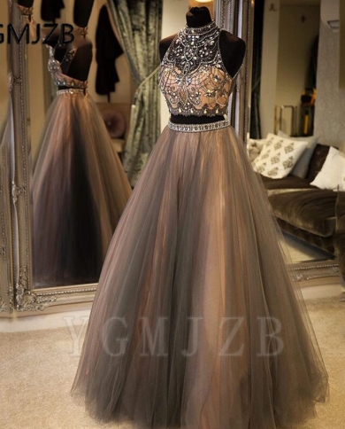 Bling Beaded Crystal Evening Dresses  A Line High Collar Tulle  Saudi Arabic Women 2 Pieces Prom Gown Robe De Soireeeven