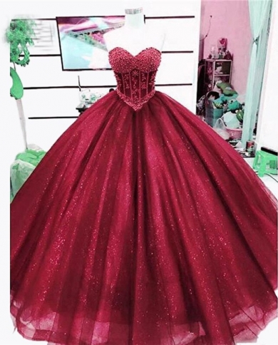 Burgundy Sparkle Prom Dress  Sweetheart Appliques Beads Tulle Puffy Ball Gown Long Formal Evening Gowns For Wedding  Pro