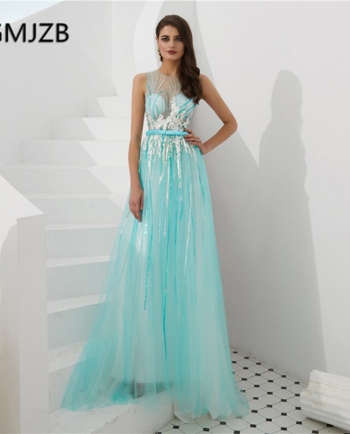 Robe De Soiree  Long Evening Dress Turquoise A Line Sequin Beads Tulle Backless Floor Length Pink Formal Party Prom Dres