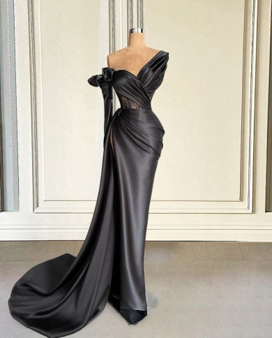 Elegant Mermaid Long Prom Dresses One Shoulder Full Sleeves  High Slit Black Girls Formal Evening Gowns For Party 2022