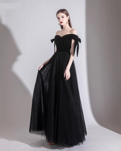 14306  iena noir longue robe épaules dénudées velours haut Tulle robe de soirée formelle chérie bal robes de soirée longueur de
