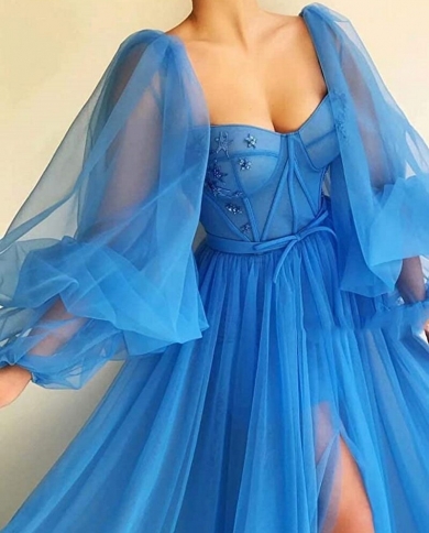 9273 Elegante Bordado Beading Até O Chão Azul Ilusão Espartilho Mangas Puff Longo Vestido de Baile Feminino Evenin