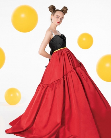 140382022 Novo Elegante Linha A Clássico Y2k Vermelho e Preto Longo do Ombro Vintage Lady Festa Vestido de Baile Noite