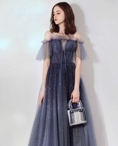 140322022 New Arrival Elegant A Line Blue Off The Shoulder Lllusion Lace Up Tie Back Sleeve Lady Party Prom Dress Eveni