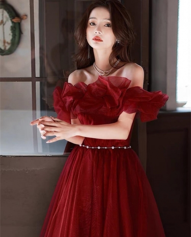140302022 New Arrival Elegant A Line Cap Sleeve Red Off The Shoulder Lllusion Pearl Belt Lady Party Prom Dress Evening 