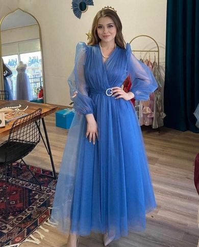 14313iena Elegant Ladies Soft Tulle Evening Dress Sheer Puff Sleeve Prom Dress Ankle V Neck Sheer Party Dress 2023 Puff