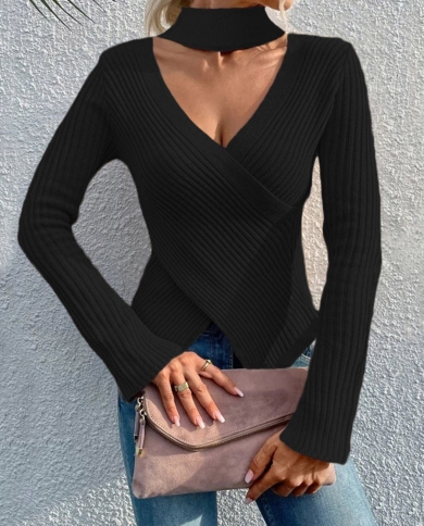 Ladies  V Neck Long Sleeve Sweater Pullovers Slim Fit Solid Color Knitted Sweater Fall Winter Knitted Sweater Pullovers