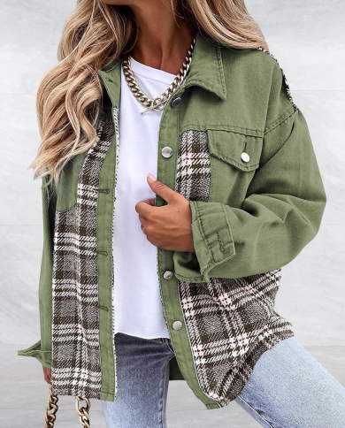 Women Casual Plaid Jackets Autumn And Winter Loose Denim Plaid Caots Fashion Long Sleeve Jacket Womens Casual Jacket Out