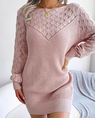 Womens Fashion Casual Long Sleeve Solid Knit Turtleneck Long Puff Sleeve Ribbed Knit Short Dress Sweater Womens Sweater
