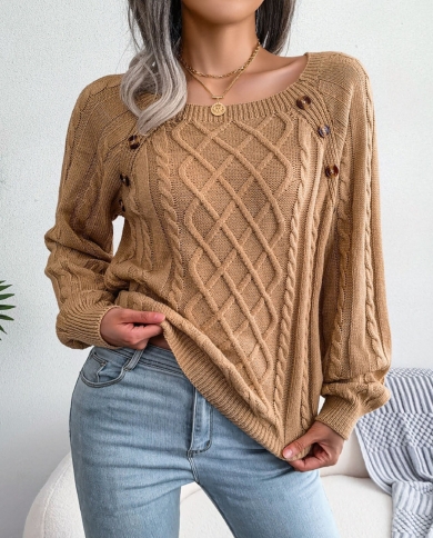 Square Neck Button Cable Knit Pullovers Womens Long Sleeve Casual Loose Pullover Sweater Top Autumn Winter Sweater Pullo