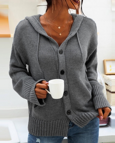 Women Knitted Cardigans Sweater Fashion Autumn Long Sleeve Loose Coat Casual Button Hooded V Neck Solid Color Female Top