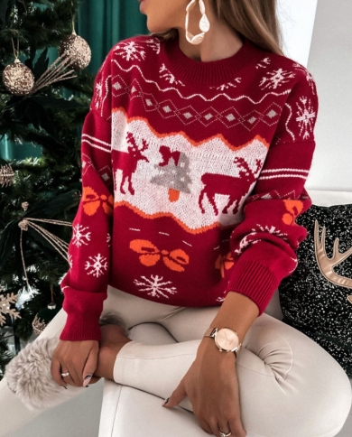 Christmas Tree Sweater Casual Round Neck Women Knitted Pullover Vintage Loose Jumper Festival Long Sleeve Top Female Swe