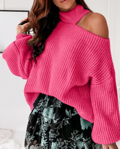 Winter Warm Long Sleeve Pullovers Sweater  Off Shoulder Hollow Ribbed Knitted Sweater Women Solid Color Turtleneck Pullo