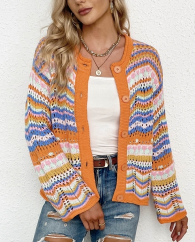 Cardigan Top Women Long Sleeve Single Button Decorated Slim Rainbow Striped Patchwork Women Sweater Autumn Winter Outerw
