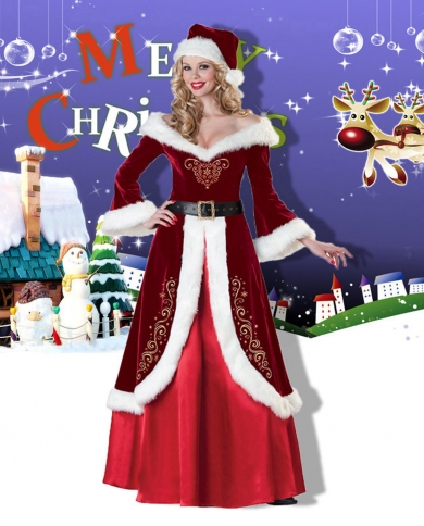 Women Christmas Costumes  V Neck Fur Trim Long Dress Cosplay Santa Claus Clothes Suits 2022 X Mas Party Dresses Vestidos