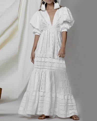Lady Elegant White Long Dress Women Party Dresses New Fashion Runway 2022 Dress  Deep V Neck Short Sleeve Summer Dresses