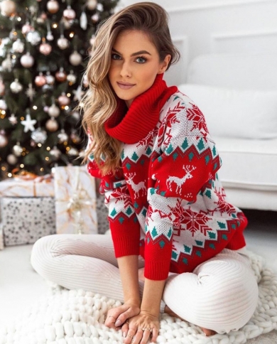 Women Sweater Pullovers Christmas Snowflake Knitted Sweater Casual Turtleneck Long Sleeve Pullover Autumn Winter Knitwea
