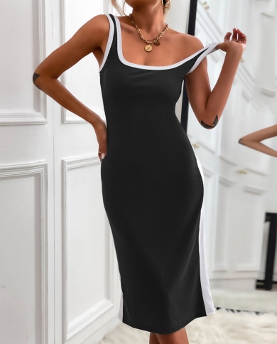Summer Women Backless  Bodycon Midi Dress Straps Sleeveless Patchwork High Waist Elegant Slim Fashion Party Dress Clothe