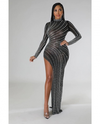  Rhinestone Crystal Irregular High Split Maxi Dress New Women Long Sleeve Bodycon Clubwear Long Dress