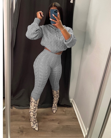 Knitted Sweater Two Piece Set Autumn Winter Fashion Women Long Sleeve Hooded Crop Top Pants Suits