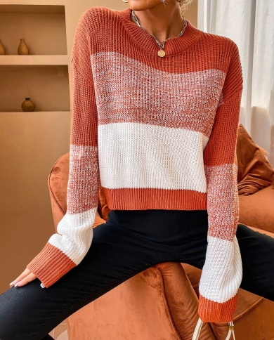 Autumn Winter Women Sweater Pullovers Round Neck Stripe Long Sleeve Pullover Knitwear Casual Loose Knitted Sweater Pullo