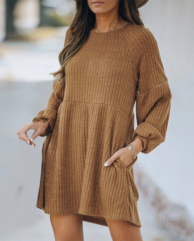 Ladies Round Neck Long Sleeve Dress Women Dresses Spring Autumn Solid Color Knitted Pocket Loose Mini Casual Dresses Ves