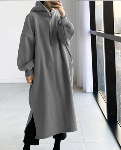 Autumn Sweatshirt Dress 2022 Hoodies Long Sleeve Casual Solid Color Hooded Pullover Long Dresses Loose Maxi Dress Robe M