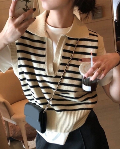 Womens Autumn Winter Knitted Vest Lapel Neck V Neck Sleeveless Knitted Vest Sweater Vest Sleeveless Pullovers Striped K