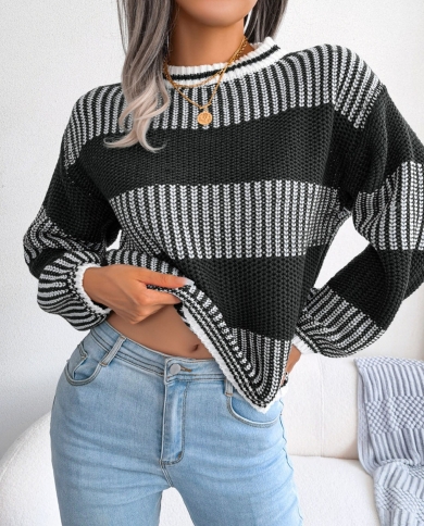 Womens Turtleneck Striped Long Sleeve Cable Knit Pullover Sweater Casual Ribbed Chunky Loose Jumper Tops Women Knitted P