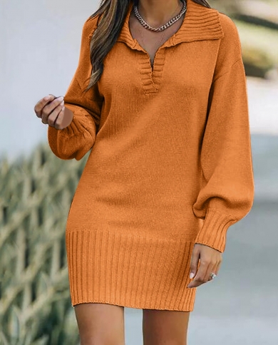 Women Casual Knitted Sweater Mini Dress Solid Color Turn Down Collar Long Sleeve Loose Pullovers Autumn Winter Vestidos 