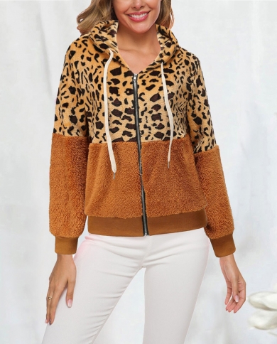 Leopard Splicing Hooded Sweatshirts Women Fleece Fluffy Long Sleeve Coats Hoodie Zip Up Jackets Women Autumn Winter Warm