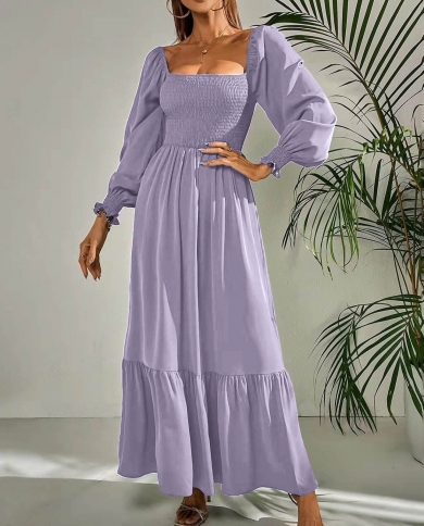 French Style Waist Tight Purple Dress Women Elegant Square Collar Long Dress Women Spring Autumn Ruffle Dresses Ladies V