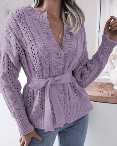 Solid Knitted Cardigan Women 2022 New Autumn Winter Single Breasted Sashes England Style Buttons Tie Waist Vintage Sweat