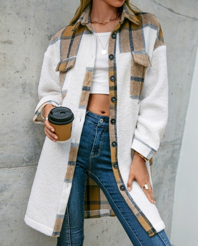 Women Oversize Jacket Winter Fleece Coat Vintage Plaid Top Long Sleeve Outerwear All Matched Thick Long Style Shirt Jack