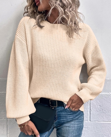 Woman Sweater Fashion Round Neck Long Sleeve Pullover Puff Sleeve Sweater Tops Solid Color Winter Warm Sweaters For Wome