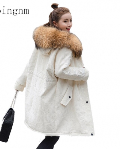 Corduroy Cotton Womens Long Section  Winter New  Of The Loose Hooded Cotton Jacket Large Fur Collar Coatparkas