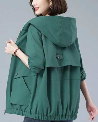 2022 New Autumn Womens Coat Hooded Jacket Long Sleeve Zipper Pockets Casual Windbreaker Female Basic Jackets Outerwear 