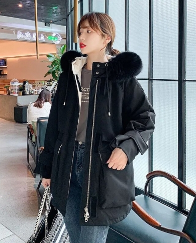 2022 New Womens Winter Jacket Fur Collar Hooded Overcoat Thick Female Warm Cotton Jacket Snow Wear Casual Long Parka Ou