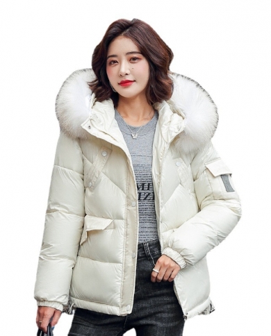  New Women Winter Jacket Hooded Fur Collar Thick Down Cotton Jacket Solid Casual Glossy Warm Cotton Padded Parka Outwear