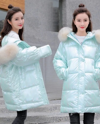 Glossy Winter Jacket Womens Fur Collar Hooded Long Parkas Thick Warm Jacket Female Down Cotton Parka Casual Puffer Coat