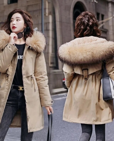 2022 New Winter Jacket Coat Womens Parkas Thick Warm Fur Lining Long Parka Female Hooded Fleece Padded Coats Outwear M 