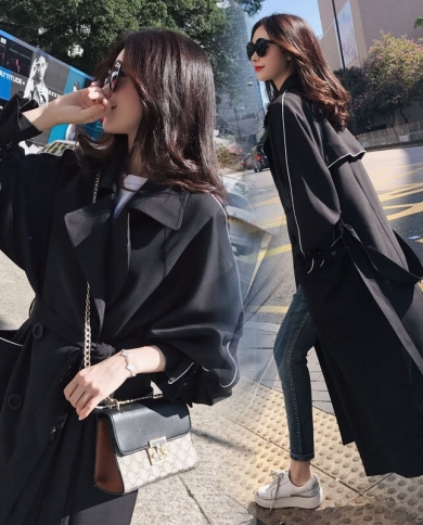 מעיל נשים סתיוסתיו קזואל בעל חזה כפול פשוט קלאסי מעיל טרנץ ארוך עם חגורה מעיל רוח נשיים שיק שחור
