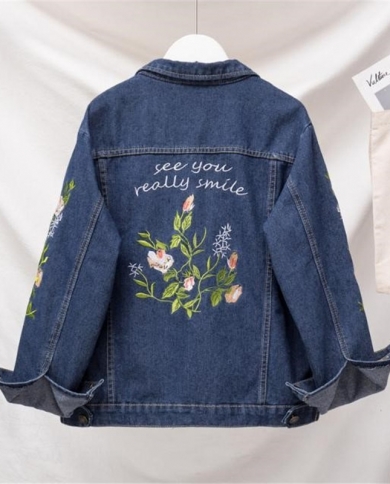 2022 New Autumn Women Denim Jacket Long Sleeve Flowers Female Vintage Casual Jean Jacket Bomber Denim Coat Outwear 5xlja