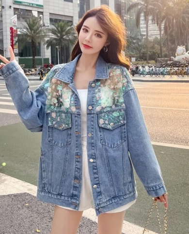 2022 Autumn New Women Denim Jacket Harajuku Lace Jeans Jacket Mesh Sequins Loose Casual Jean Coat Outwear Female Jacket