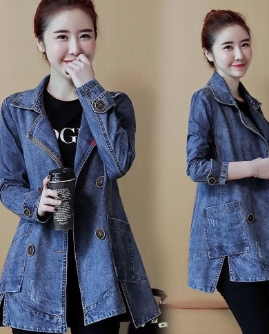 New Autumn Womens Denim Jacket Vintage Casual Double Breasted Long Jeans Coat Turn Down Collar Outwear Bomber Jacket P